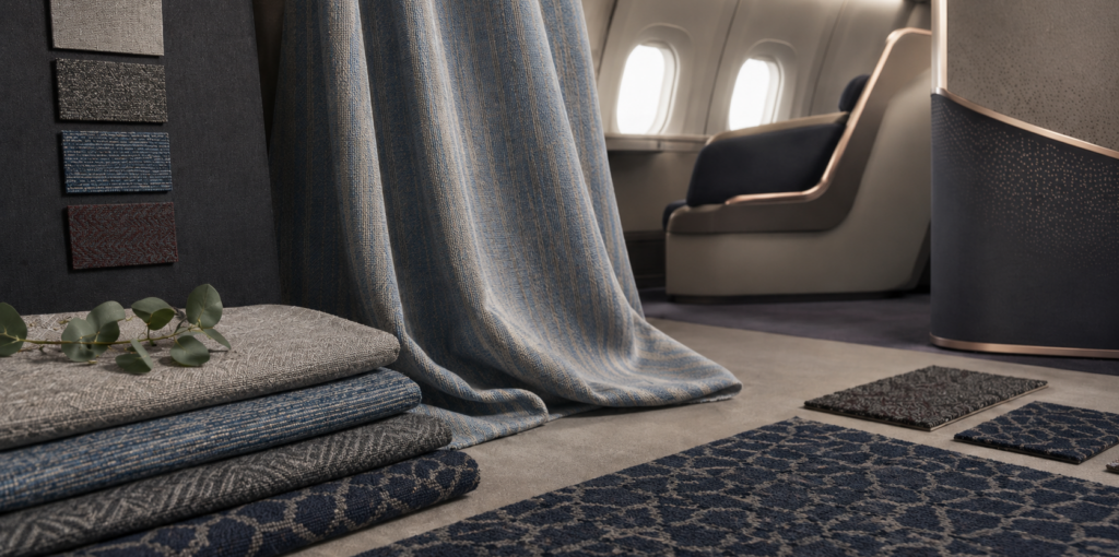 Neotex 2026 textile collection for aircraft interiors with technical curtains and carpets.