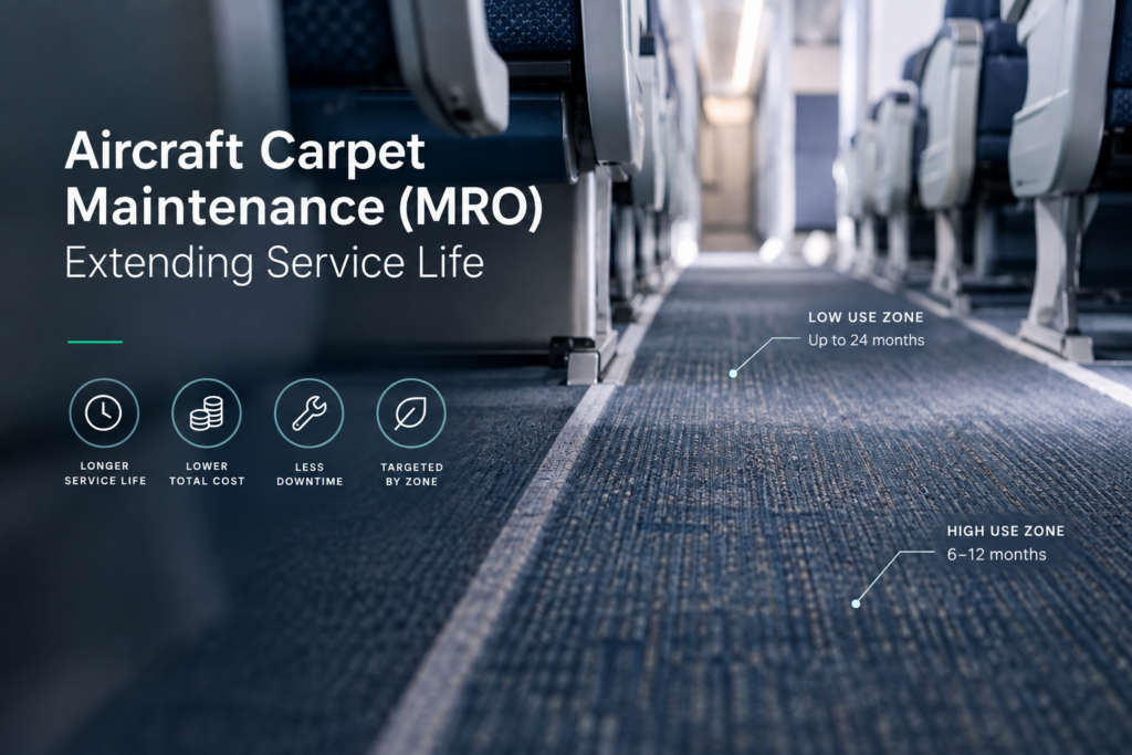 Aircraft carpet maintenance and replacement (MRO) in a commercial aircraft cabin, highlighting high-use and low-use carpet zones to extend carpet lifespan, reduce airline maintenance costs, and improve cabin interiors.
