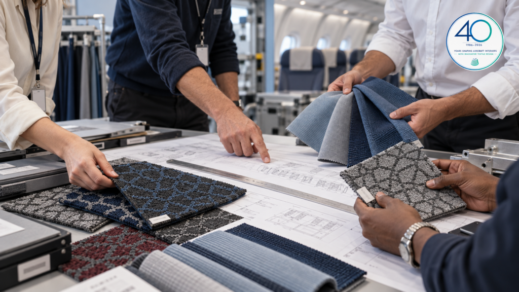 Profesionales revisando textiles aeronáuticos y documentación técnica para OEM, aerolíneas y MRO
