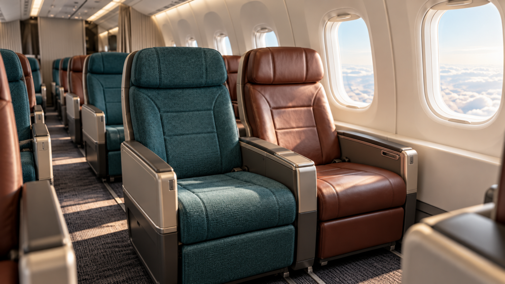 Premium aircraft passenger seats featuring high-quality aircraft upholstery and certified aviation textiles in a modern cabin interior.