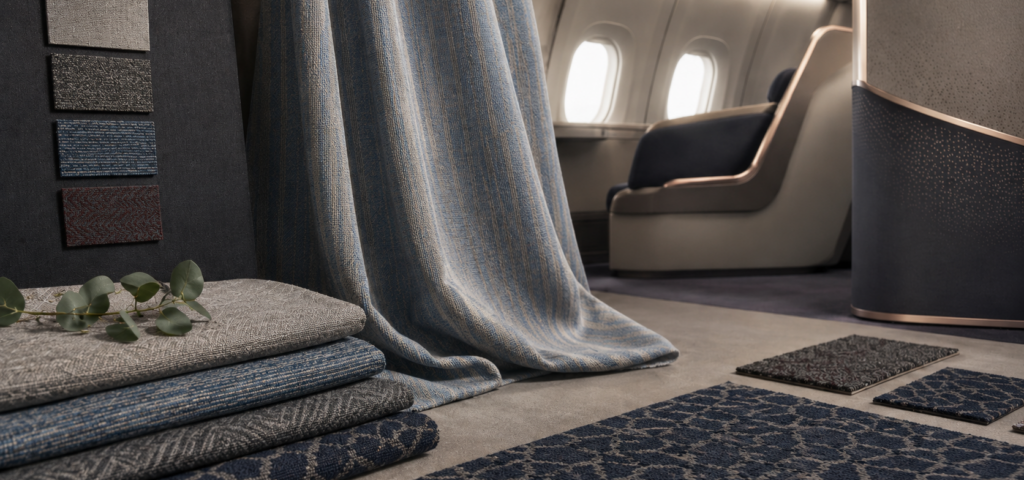 Neotex 2026 textile collection for aircraft interiors with technical curtains and carpets.